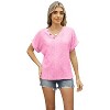 Women's V Neck Jacquard Button Short Sleeve T-Shirt Loose Hollow Top - 2 of 4