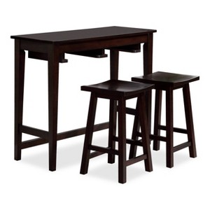 HOMES: Inside + Out 3pc Helbrana Bar Height Dining Set Espresso: Wood Veneer, 2 Stools, Farmhouse Style - 1 of 3