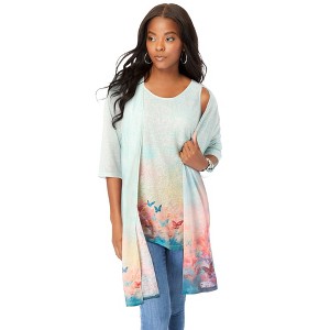 Roaman's Women's Plus Size Printed Duster Cardigan & Tank Set - 1 of 4