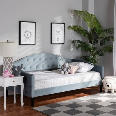 Elegant Full/Double Dark Brown Wood & Light Blue Velvet Tufted Daybed