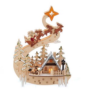 Kurt Adler 11.8" Battery Operated Light Up Wooden Christmas Village with Santa and Sleigh - 1 of 4