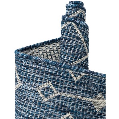 Blue and Gray Octagon Synthetic Trellis Outdoor Rug