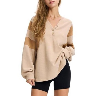 EXLURA Women's Oversized V Neck Henley Shirt Patchwork Color Block Sweatshirt Long Sleeve Button Pullover Tunic Tops