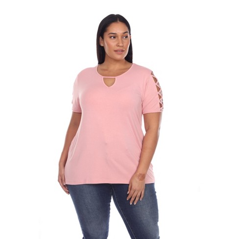 Plus Size Keyhole Neck Cutout Short Sleeve Top Pink 1x - White