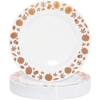 Juvale 24 Pack Plastic Thanksgiving Plastic Plates, Copper Foil Leaf Trim, Pumpkin Fall Tableware (9 In)