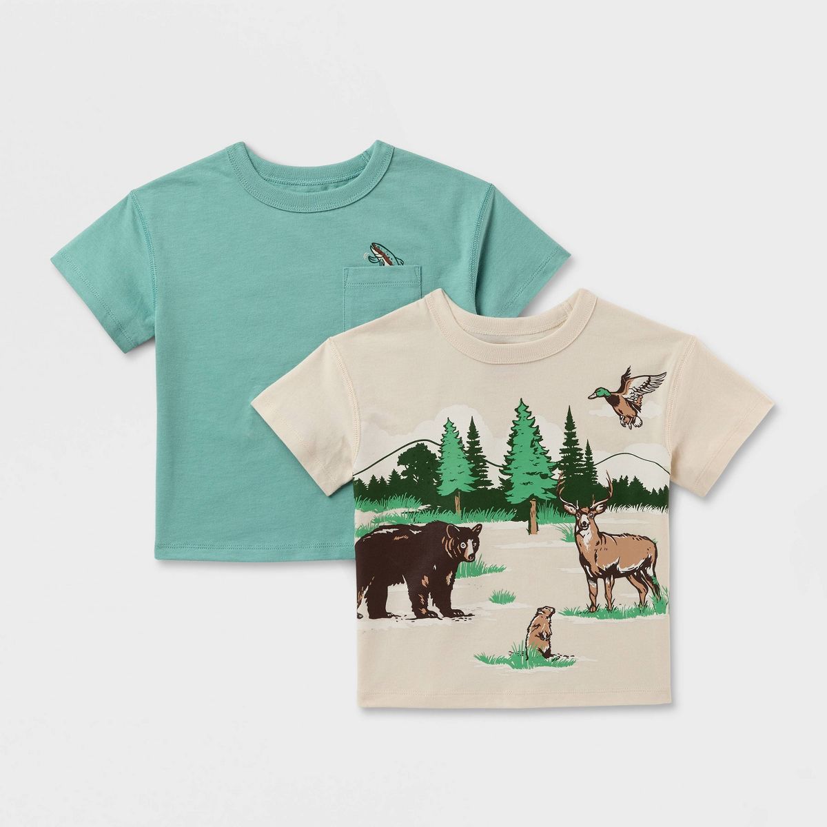 Toddler Boys' Adaptive 2pk Relaxed Fit 'Scenic/Fish' Graphic T-Shirt - Cat & Jack™ Cream/Teal Green