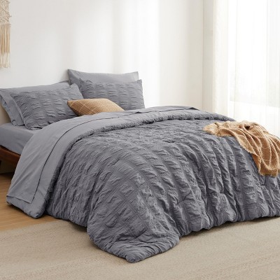 Bedsure | 7 Pcs Bedding Set in Textured White Plaid Seersucker