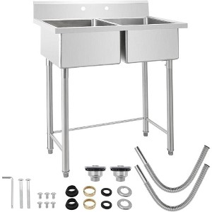 41"x23"x44" Kitchen Sink Commercial 2 Compartment Stainless Steel Prep & Utility Sink With Splashguard - 1 of 4