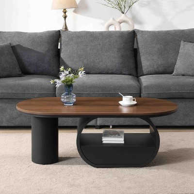 INFURNIC Coffee Tables Luxury Modern Oval Coffee Table with Storage Drawer and Faux Marble Top for Living Room, Black, 47.24"*23.62"*16.93"