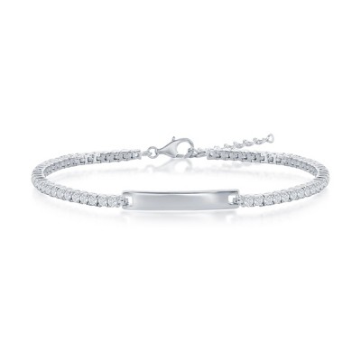 Bella Silver Sterling Silver Tennis CZ ID Bracelet - Silver - 7+1 Inch