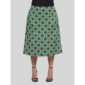 24seven Comfort Apparel Plus Size Green Geometric Print Comfortable Elastic Waist Knee Length Skirt - 1 of 4