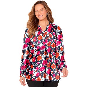 Catherines Women's Plus Size Liz&Me Henley Peasant Georgette Blouse - 1 of 4