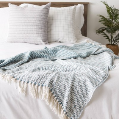 Storm Blue and White Cotton Woven Throw Blanket