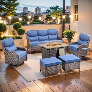 Gymojoy 7 Pieces Outdoor 6 Inch Sofa Swivel Chair Ottoman with Fire Pit Table - 1 of 4