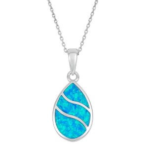 Opalata Sterling Silver Blue Inlay Opal Wavy Design Teardrop 18" Pendant Necklace - Blue - 1 of 2