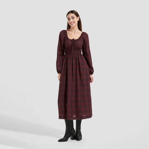 Женские платья Universal Thread Women's Long Sleeve Midi A-Line Dress - Universal Thread™ Rosewood Brown Plaid XL