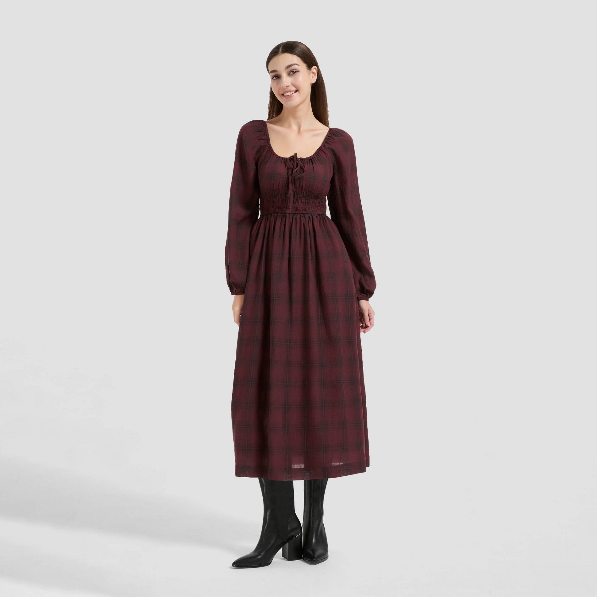 Women's Long Sleeve Midi A-Line Dress - Universal Thread™ Rosewood Brown Plaid XS