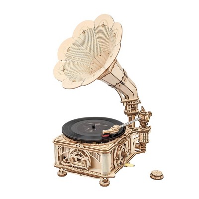 ROBOTIME 3D Wooden Puzzles Gramophone Model Kits Handcrank Mode Self-Assembly Record Player Support, Beige, 8.11"*5.04"*10.43"