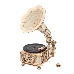 ROBOTIME 3D Wooden Puzzles Gramophone Model Kits Handcrank Mode Self-Assembly Record Player Support, Beige, 8.11"*5.04"*10.43" - 1 of 4