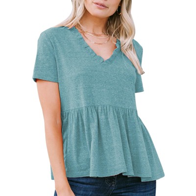 EXLURA Women's Summer Short Sleeve Peplum Babydoll Tops Cute V Neck T Shirts