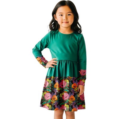 The Pink Picket Fence Louise Twirl Dress for Girls – 100% Cotton Long Sleeve Play Dress – Hand-Painted Floral Print
