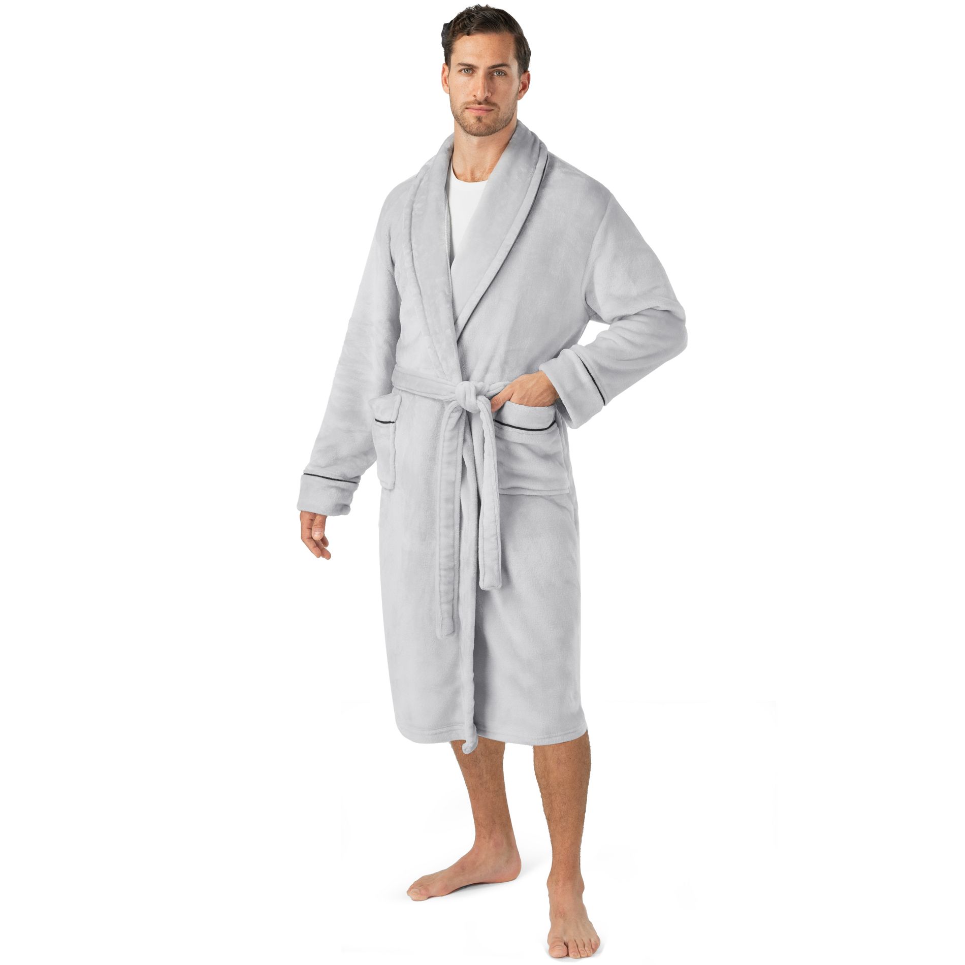 PAVILIA Mens Soft Robe, Plush Warm Bathrobe for Men, Long Spa Fleece Flannel with Shawl Collar, Pockets, Trim Piping (Light Gray, One Size)