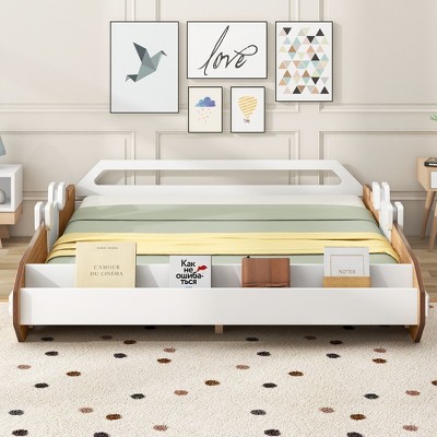 Full Size Racing Car Bed With Door Design, Storage Space, Safety Guardrails Wooden Bedframe, No Box Spring Needed Bed Frame for Dorm,Bedroom