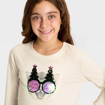 Детские Cat & Jack Girls' Long Sleeve 'Christmas Cat' Flip Sequin T-Shirt - Cat & Jack™ Cream M — фото 2