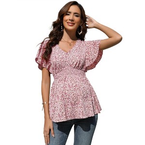 Clearlove Maternity Shirts V Neck Ruffled Sleeve Floral Tops Pleated Ruffle Hem Lightweight Summer Casual Tunic Blouses - 1 of 4
