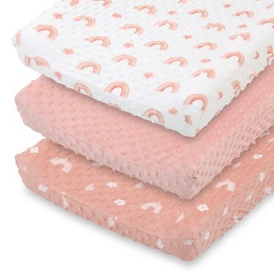 The Peanutshell Changing Pad Cover for Baby Girls, Rainbow Floral Plush Minky, Pink - 1 of 4