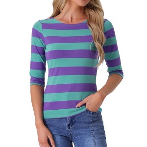 INSPIRE CHIC Women's Stripes Casual Basic Elbow Sleeves Boat Neck Slim Fit T-Shirts - 1 of 4