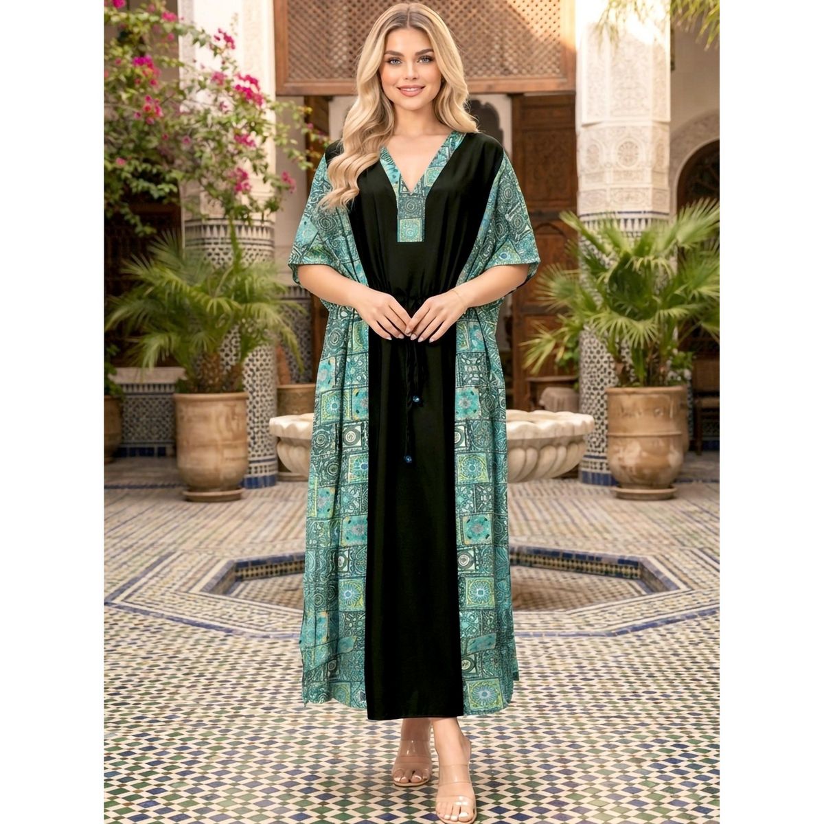 LA LEELA Summer Rayon Blend Beach Caftan Dress for Women Resortwear Vacation Cruise Holiday Travel Loungewear Cover Up 2X-3X Green Floral - thumbnail 5