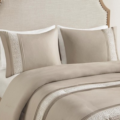Taupe Queen Microfiber Comforter Set with Lace Trim