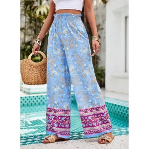 Women's Color Block Smocked Waist Wide Leg Pants - Stylish Flowy High Waisted Lounge Pants with Print - 1 of 4