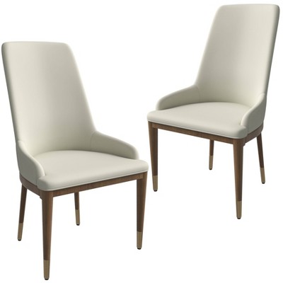 LeisureMod Upholstered Dining Side Chair in Leather with Rubberwood Legs Viva Series Set of 2