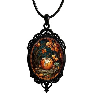 Gothic Bat Cameo Necklace - Victorian Crystal Pumpkin Pendant, Vintage Witchy Jewelry - 1 of 4