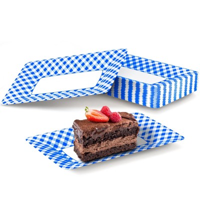 DYLIVeS Blue and White Buffalo Plaid Plates, Blue Checkered Disposable Paper Food Trays for Dessert Appetizers Snack Hotdog Rectangular Platters