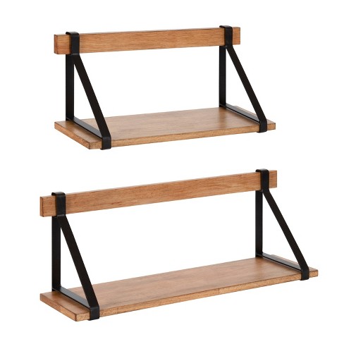 Set of 2 Wood Wall Shelves Storage Unit Rack Floating Display Shelves with  Hooks