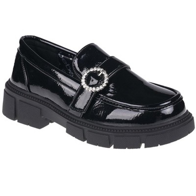bebe Girl's Crinkle Patent PU Loafers with Sparkling Rhinestone Buckle - Stylish, Comfortable, and Perfect for Any Occasion