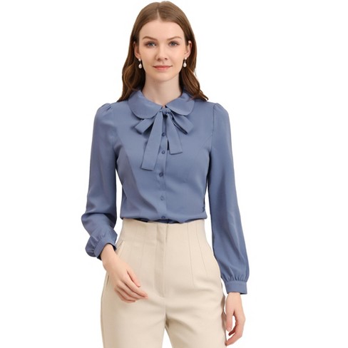 Allegra K Women's Peter Pan Collar Chiffon Bow Tie Neck Puff Sleeve Button  Up Shirt Dusty Blue Small : Target