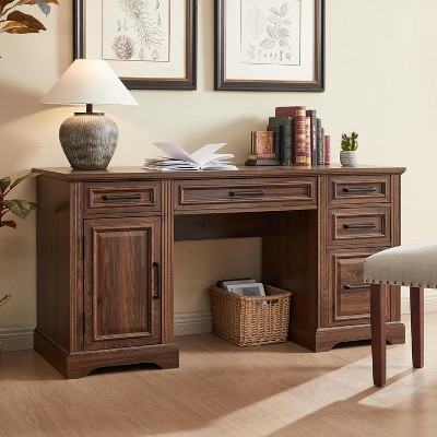 SinCiDo 58″ Desk, Farmhouse Computer Desk with Drawers and Cabinet, Embossed Texture Home Office Desk