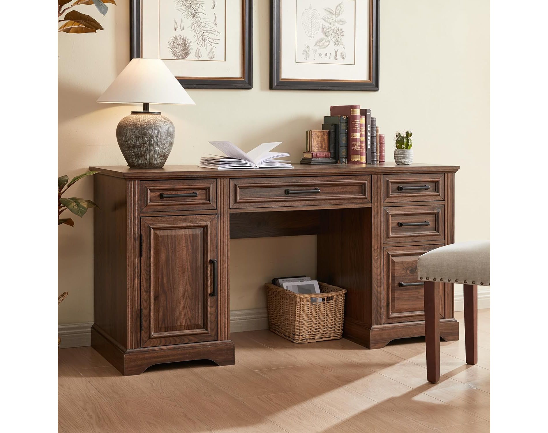 58" Desk, Farmhouse Computer Desk with Drawers and Cabinet, Embossed Texture Home Office Desk, Dark Brown
