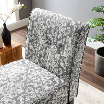Elegant Gray Damask Slipper Chair with Sturdy Wood Frame