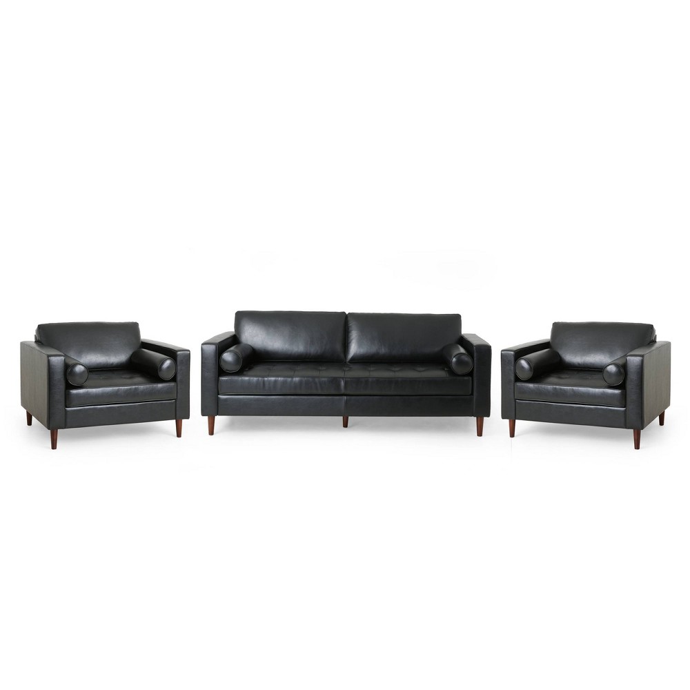 Photos - Storage Combination 3pc Malinta Contemporary Faux Leather Tufted Sofa and Club Chair Set Midni