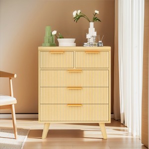 Fluted 5 Drawer Dresser for Bedroom, Modern Wood Chest of Drawers with Wide Drawers,Natural Oak - 1 of 4
