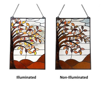 Autumnal Floral Stained Glass Window Panel with Black Finish, 24" Tall