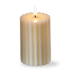 tag Ribbed Beige LED Flameless Pillar Candle 3x4 - Everyday Home Decor, Spot or Wipe Clean, Safe Lighting Option - 1 of 2