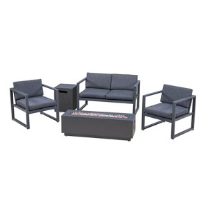 Christopher Knight Home Eclipse Outdoor Aluminum 4 Seater Chat Set with Fire Pit, Black/Dark Gray - 1 of 4