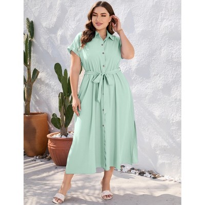 Plus Size Shirt Dress Women Summer Short Sleeve Maxi Dress with Belt Side Slit