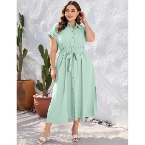 Plus Size Shirt Dress Women Summer Short Sleeve Maxi Dress with Belt Side Slit - 1 of 4